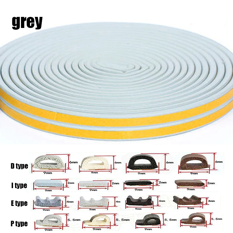 5M/10M Window Weather Strip DIEP Self-adhesive Acoustic Rubber Foam Seal Strip Tape Windproof Insulation Door Weatherstripping Qme grey P 10M