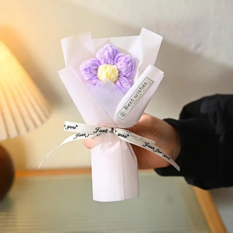 Mini Handmade Yarn Flower Bouquet Crochet Heart Valentine's Day