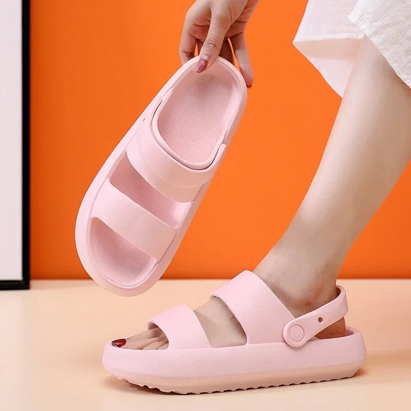 Summer Thick Platform Slippers Double Row Couple Flat Sandals Outside EVA Men Soft Beach Thick Sole Non-slip Indoor Shoes Qme PK 36-37