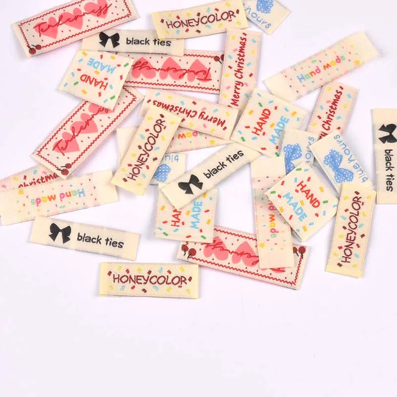 30pcs 12-53mm mixed styles Handmade Fabric Labels, Cute Print Cotton Sew On Tags for DIY Clothes Bags Crafts Decoration cp3859 Qme