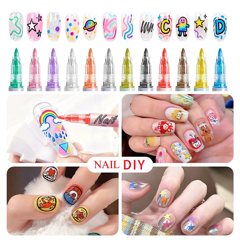 12 Nail Art Pens Waterproof Quick-drying Polish Pen Precision Drawing Qme