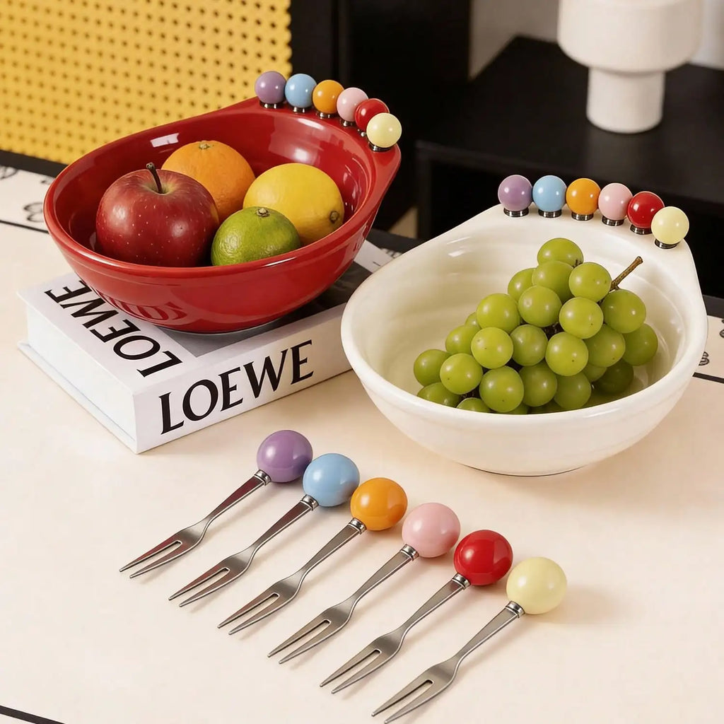 Large Fruit Bowl 6 Forks Creative Platter Adorable Stainless Steel Qme