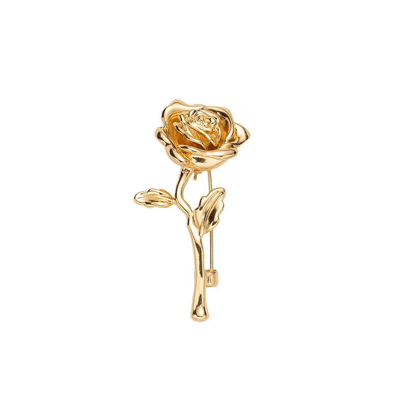Luxury High-End Gold-Tone Rose Flower Brooch Pin For Women & Men - Elegant Suit Coat Badge Fashion Jewelry Lapel Accessory Qme