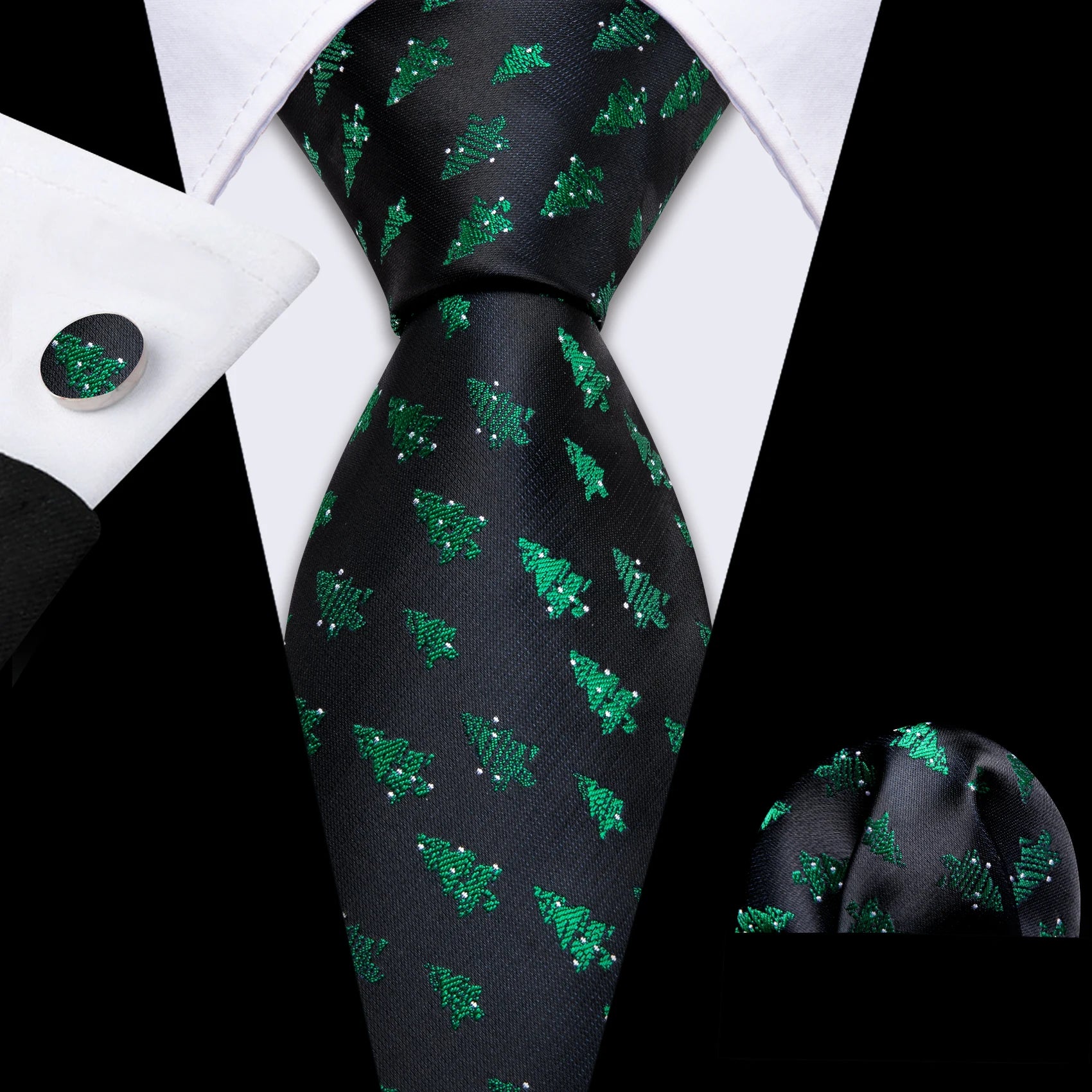 Christmas Green Tie Set 3 Pieces Men Necktie Pocket Square Cufflinks Xmas Wedding Party Suit Accessories Gifts for Dad Boyfriend Qme LDSN6594