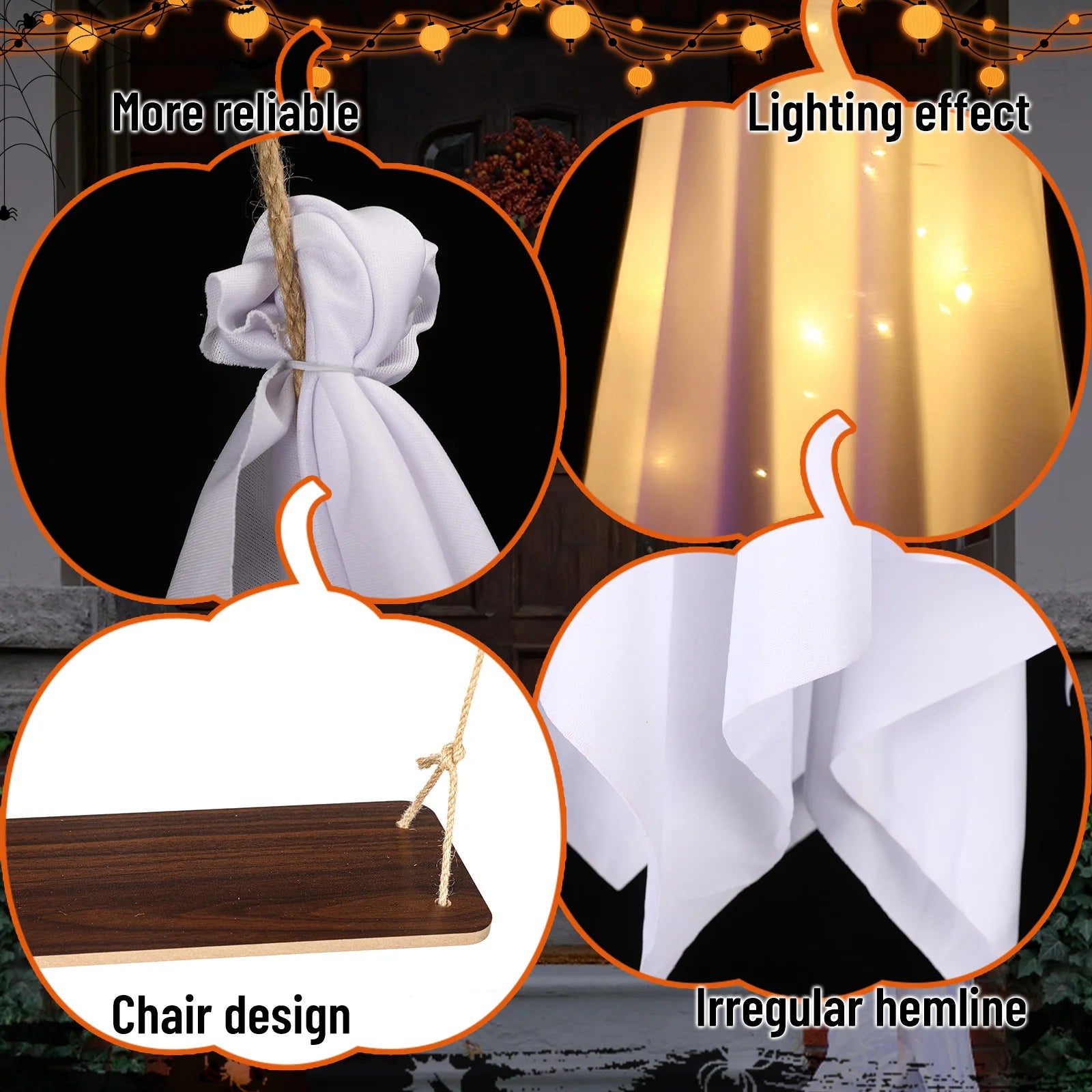 Decorations Outdoor Halloween Scary Ghost 5FT Large Hanging Ghost Swing with Remote Control String Lights Cosplay Party Decor Qme