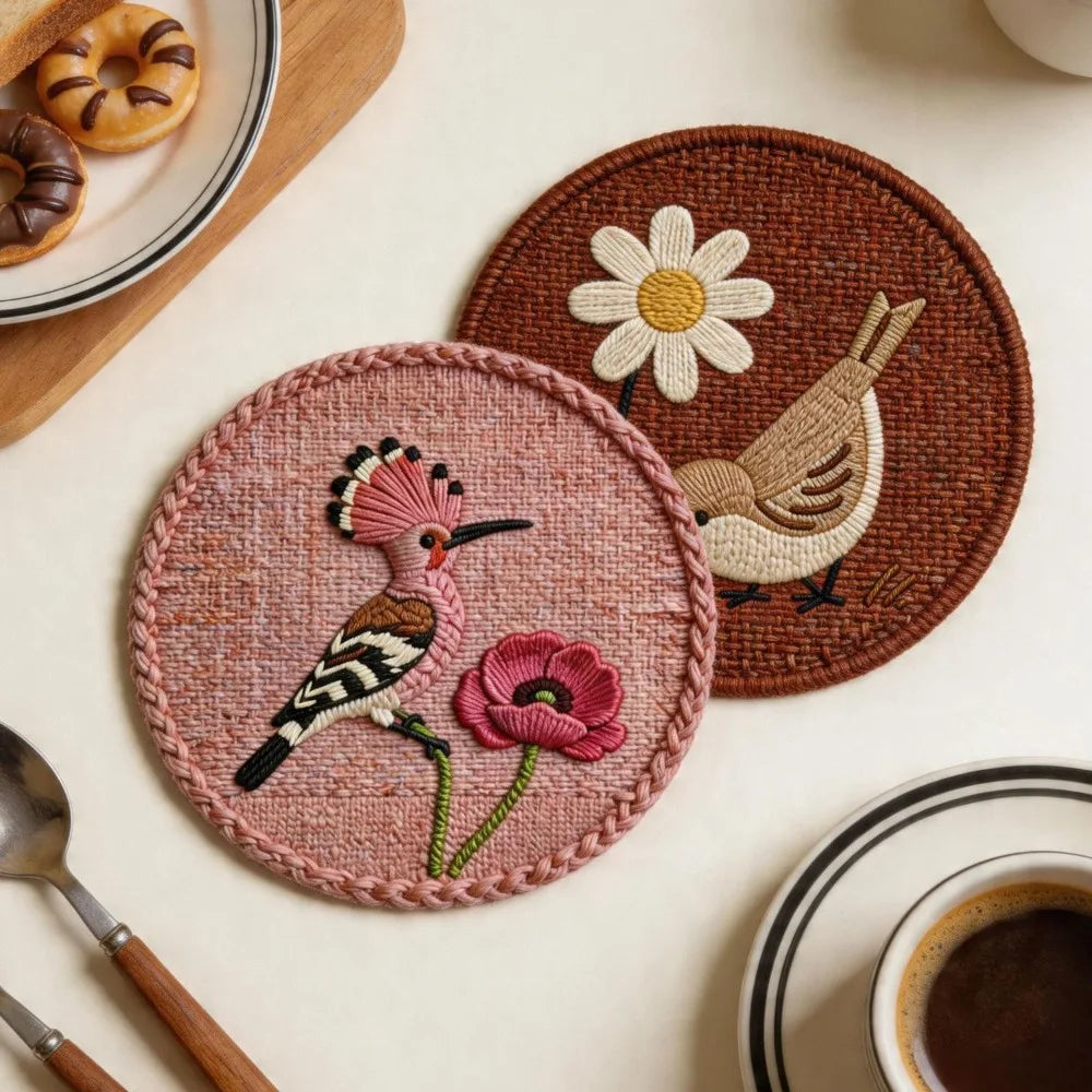 Round Faux Woven Print Heat Resistant Nonslip Placemat Coaster Qme
