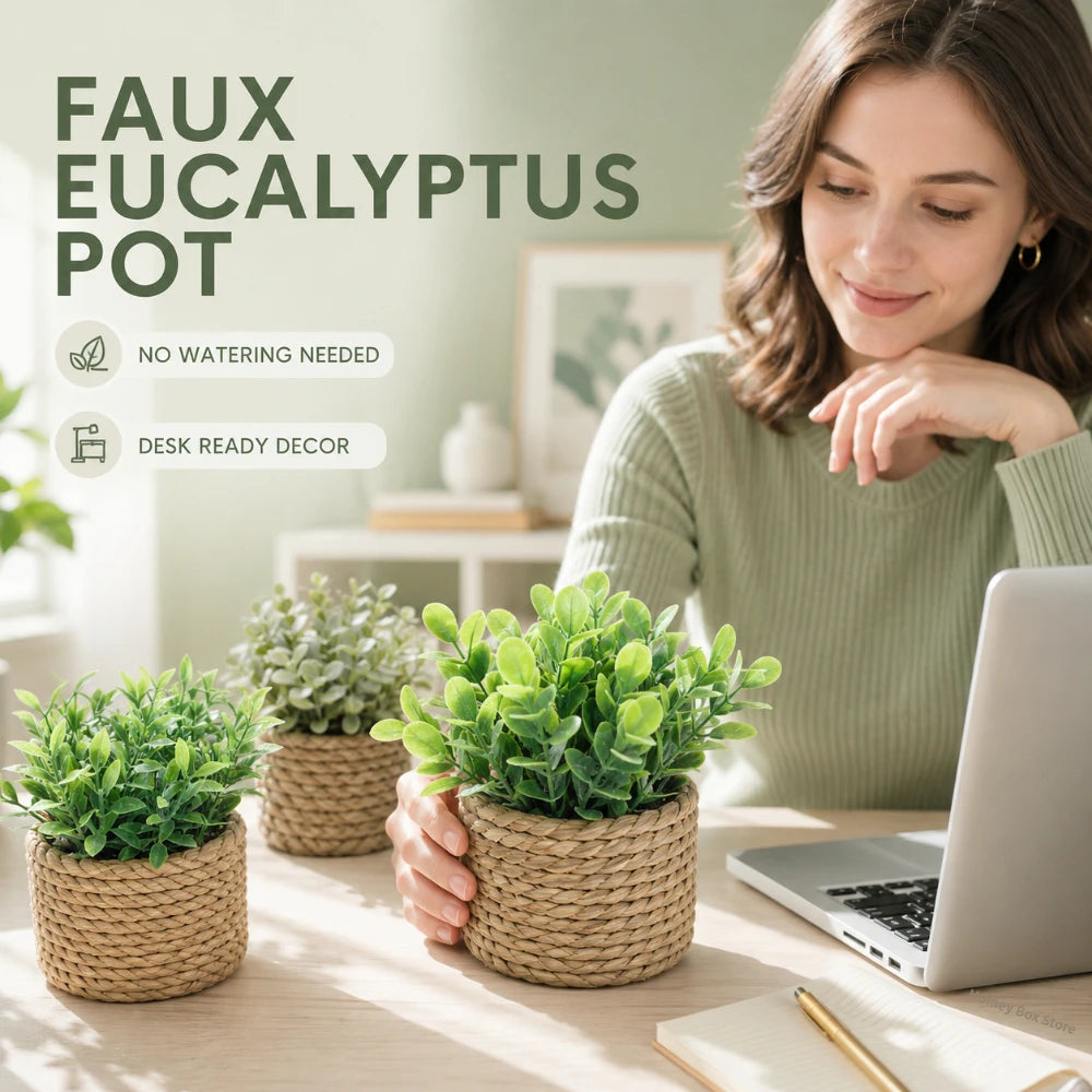 Mini PE Artificial Eucalyptus Plant Green Fake Potted Grass With Woven Pot Home Office Desktop Party Decor Holiday Gift Qme