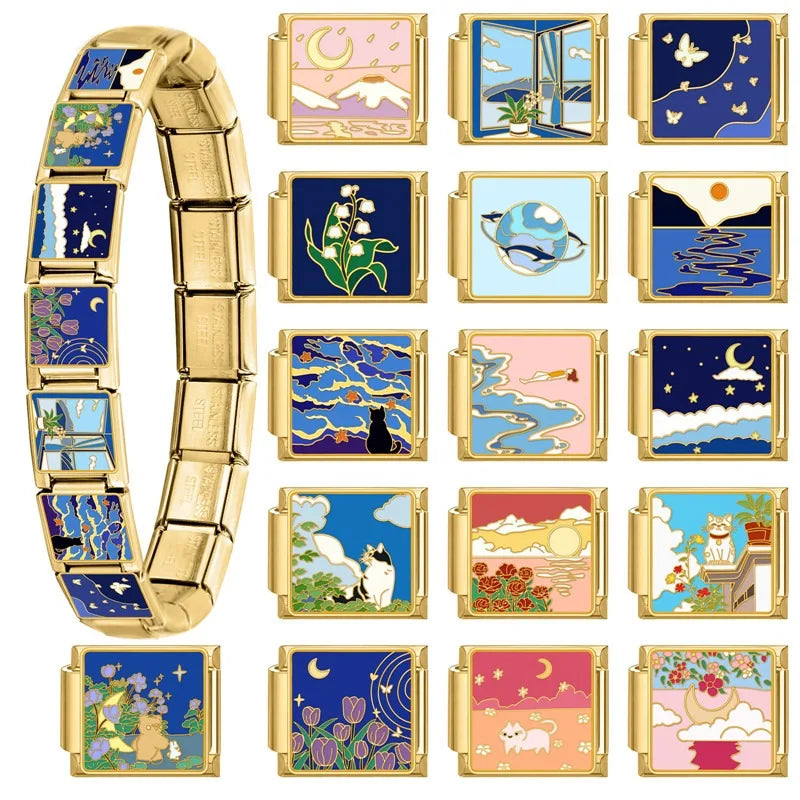 2025 Women Fashion Heart Taichi Blue Sea Scenery Moon Flower Night Sky Italian Charms Fit 9mm Stainless Steel Bracelet Jewelry Qme