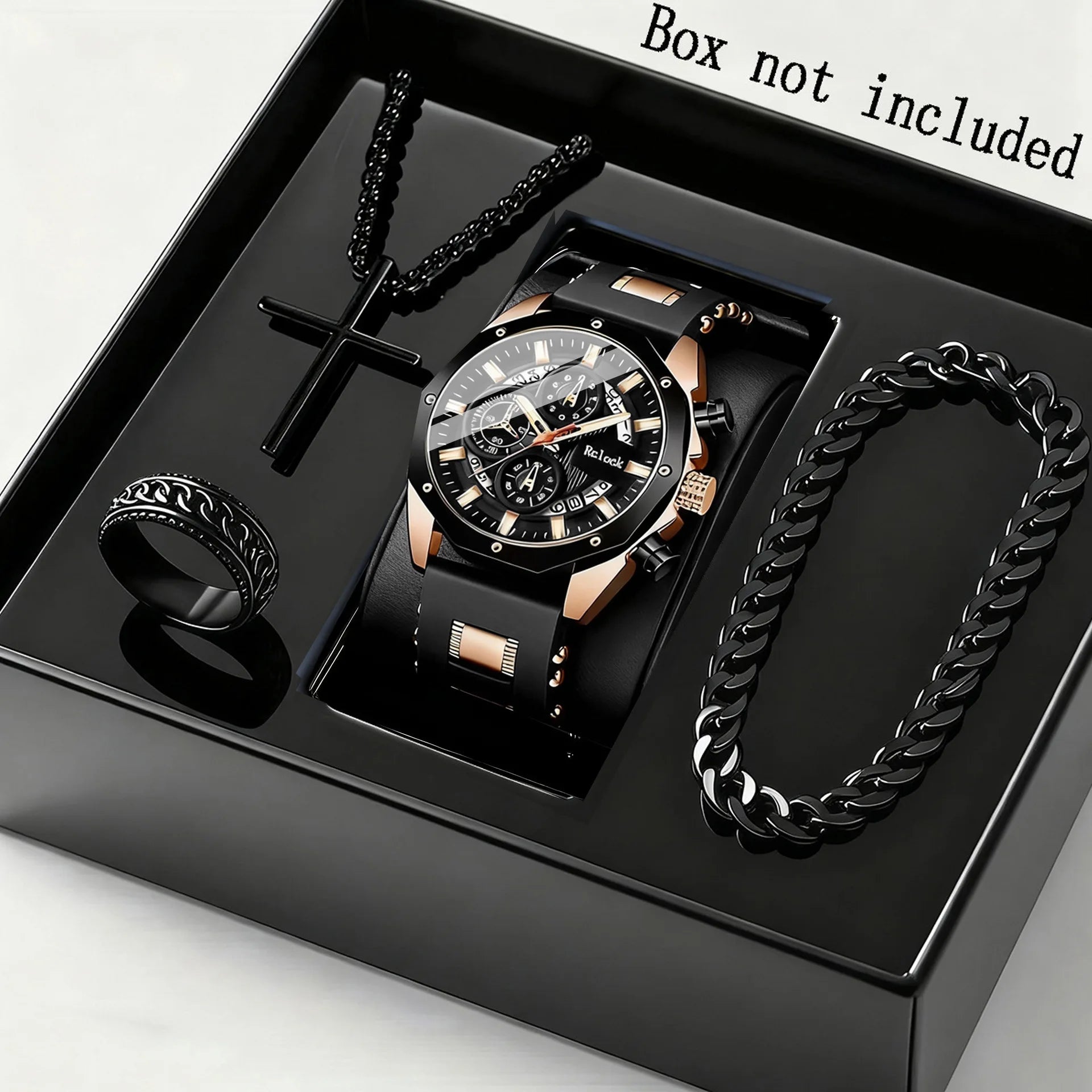 Four piece fashionable men's watch set, business casual men's bracelet, cross necklace, luxury watch Qme Rose
