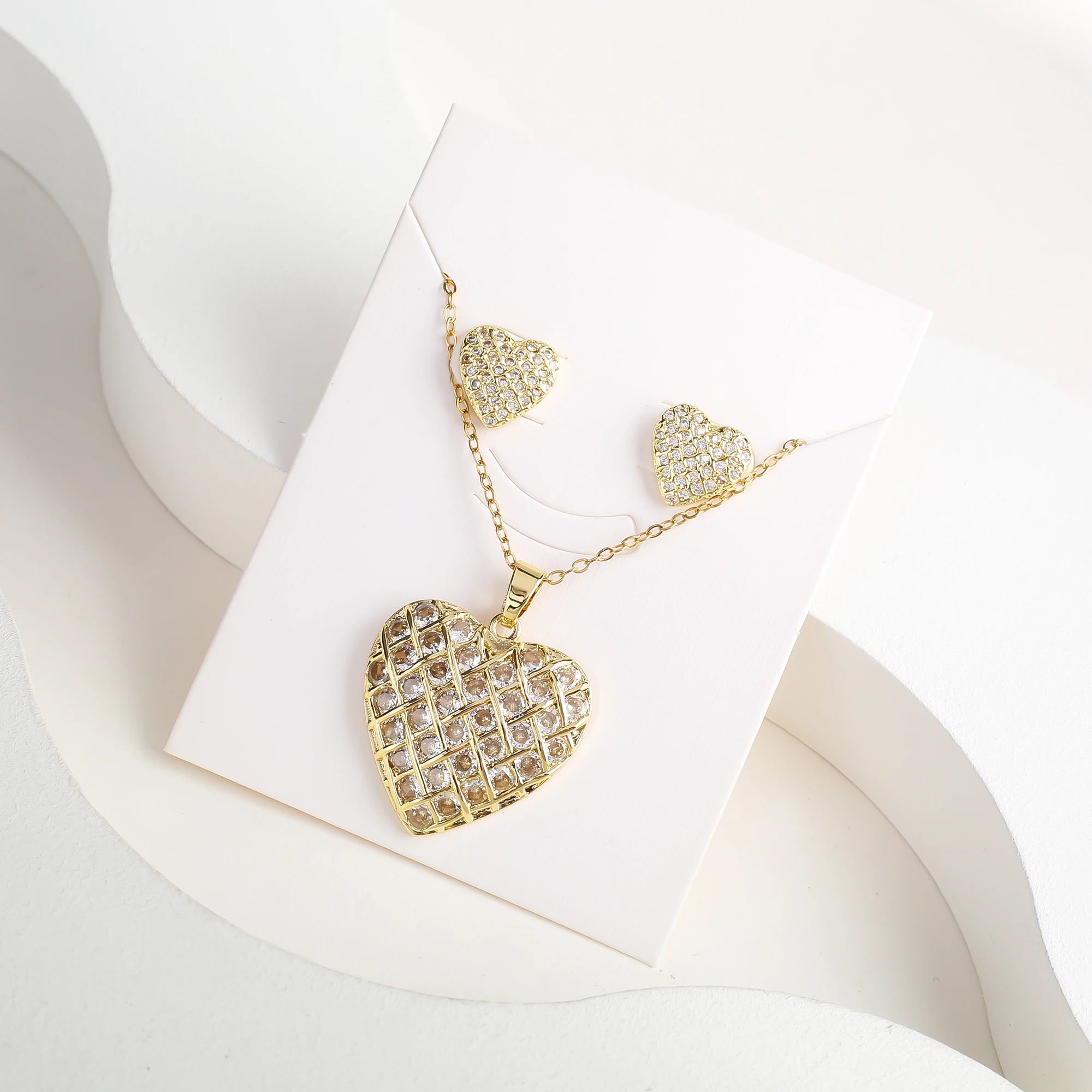 Luxury Cubic Zirconia Heart Shape Necklace Earrings Jewelry Set Classic for Women Girls Fashion Party Wedding Jewelry Wholesale Qme White