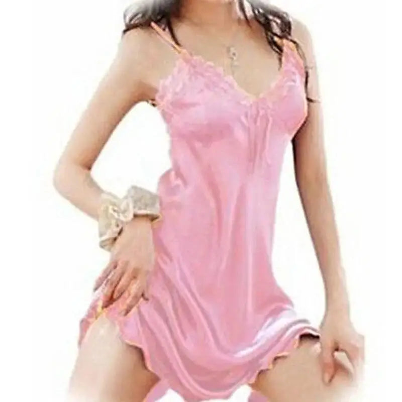 Summer Sexy Fashionable Lace Sleepwear Satin Silk Doll Nightgown Qme One Size Pink