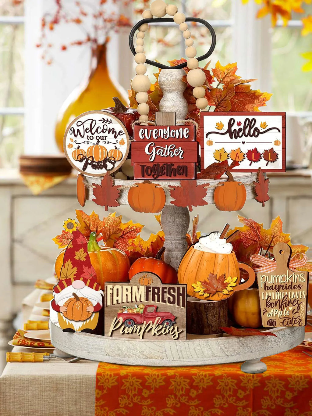Fall Harvest Wooden Tiered Tray Decor Set - Farmhouse Autumn Centerpieces with Pumpkin Spice and Maple Leaf Accents Qme