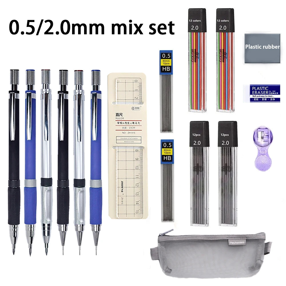 0.5/0.7/2.0mm Mechanical Pencil Set Lead Refills Kneadable Eraser Ruler Sharpener Sketch Drawing Artist Stationery Kit Qme 0.5-2.0mm mix set