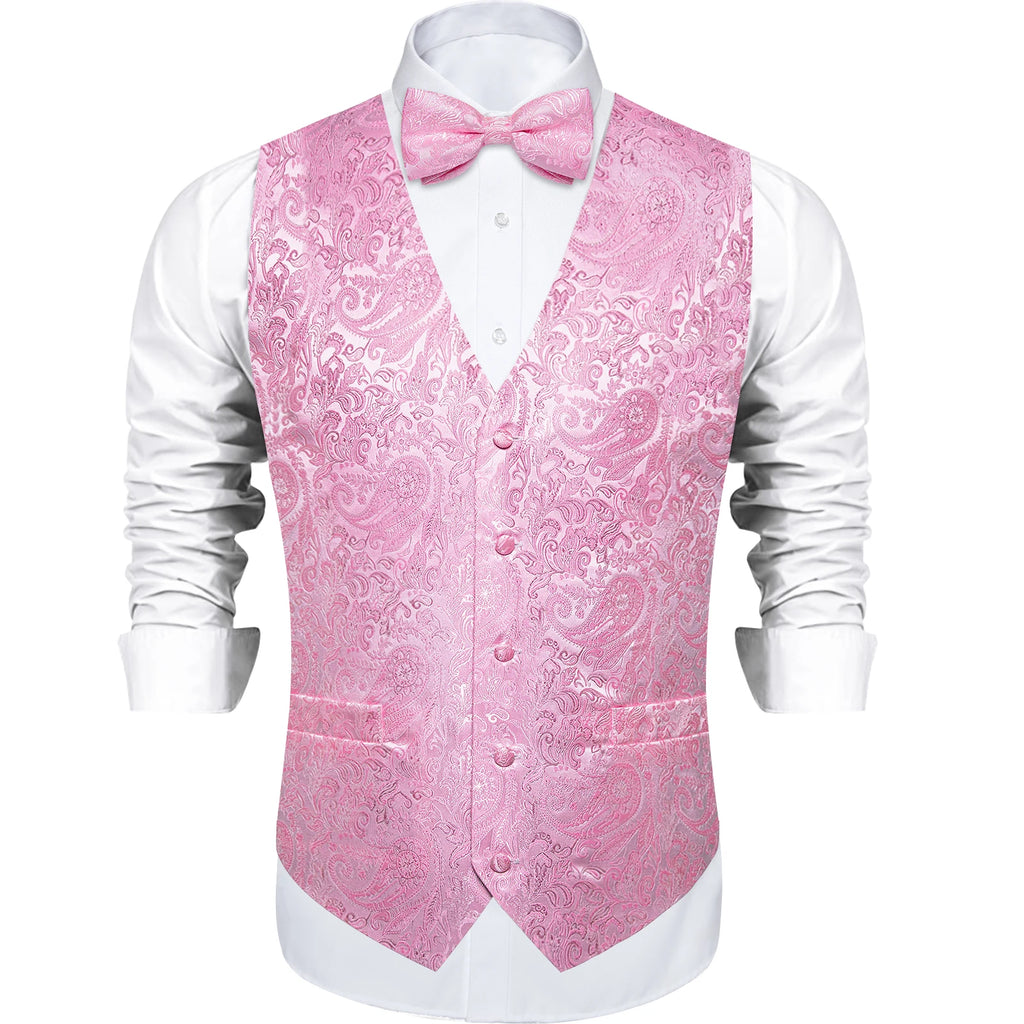 Men's Pink Paisley Suit Vest & Bow Tie Set – Formal Waistcoat with Tie, Jacquard for Weddings and Festive Events Qme