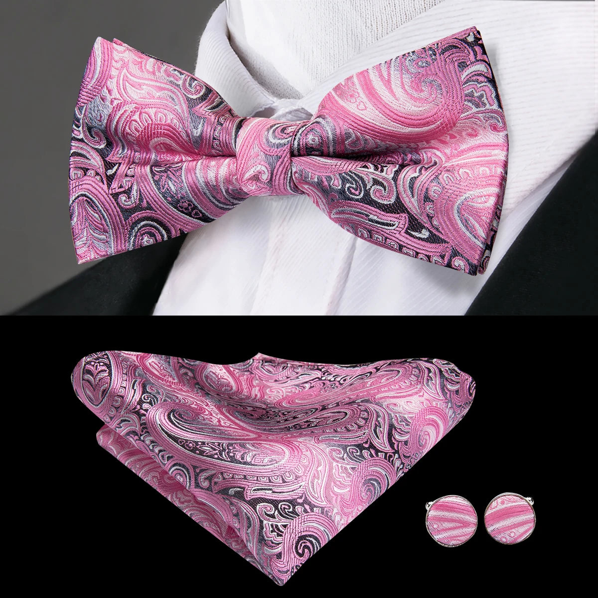 Hi-tie Pink Dot Silk Mens Pre-tied Bow Tie Hanky Cufflink Dusty Qme LH-0799