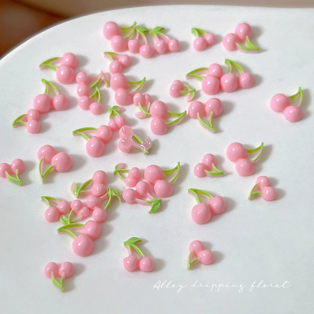 50pcs Pink Cherry Nail Charms, 3D Resin Cute Strawberry Fruit Nail Art Decorations, Flat Back Green Leaf Cherry DIY Manicure Qme