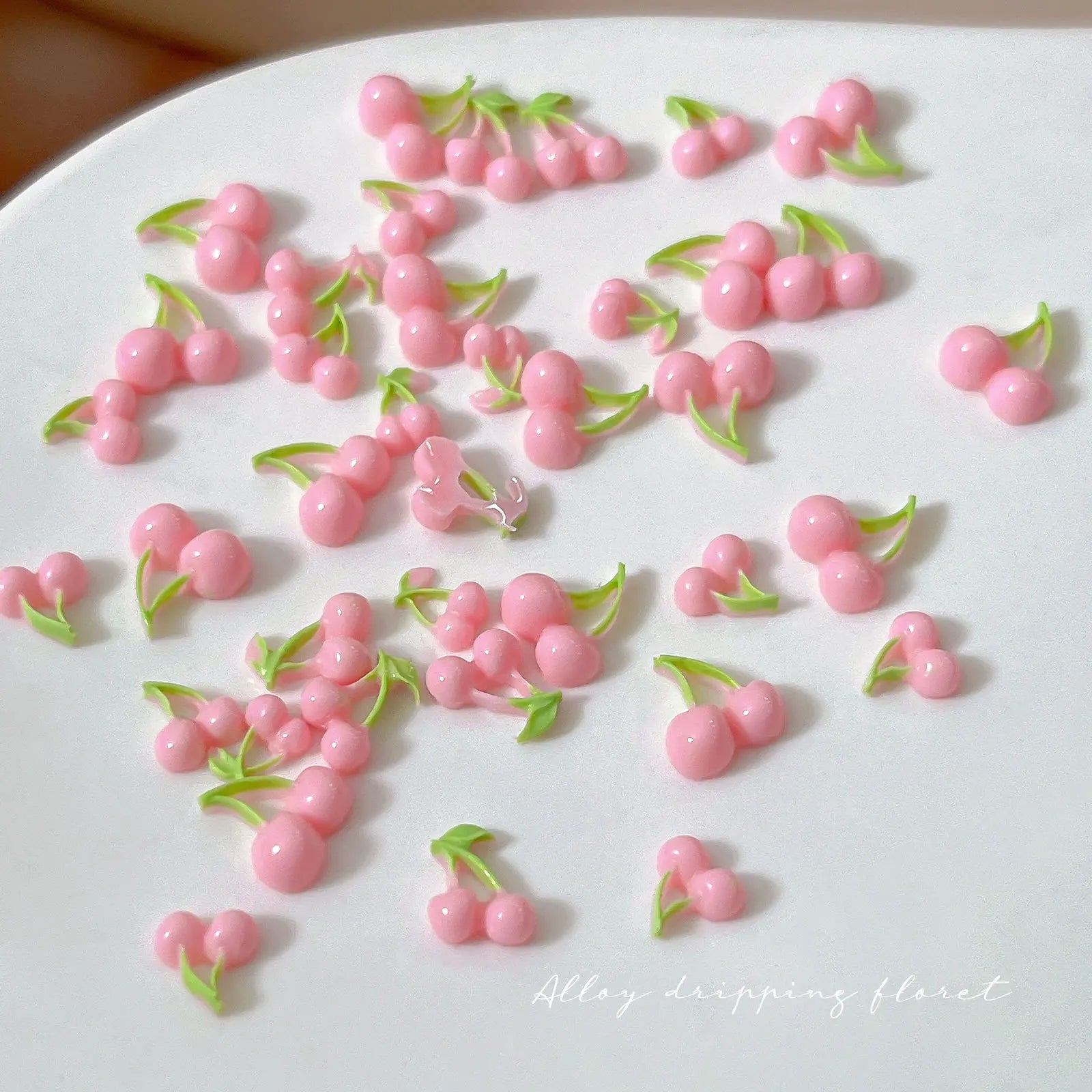 50pcs Pink Cherry Nail Charms, 3D Resin Cute Strawberry Fruit Nail Art Decorations, Flat Back Green Leaf Cherry DIY Manicure Qme