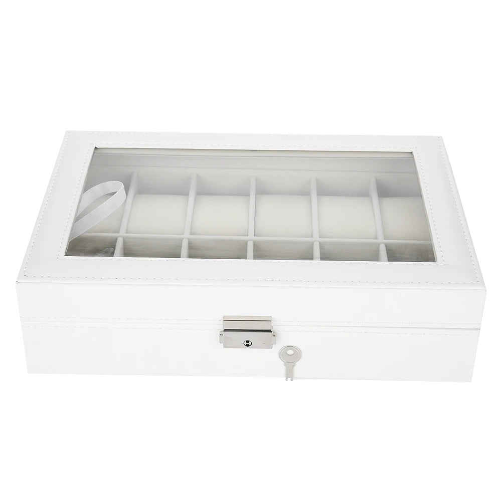 Watch Display Case 12 Grids PU Leather Watch Holder Wristwatch Display Case Jewelry Gift Storage Box Organizer for Watchmaker Qme white