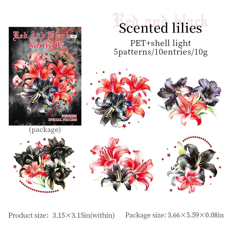 10 Pcs PET Red black flowers Sticker Decoration Natural plants Stickers DIY Diary Album Scrapbook material junk journal supplies Qme A