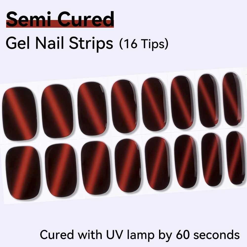 16Tips Red Blue Shine Cat Eyes Semi Cured Gel Nail Stickers Pure Fine Qme NF250054