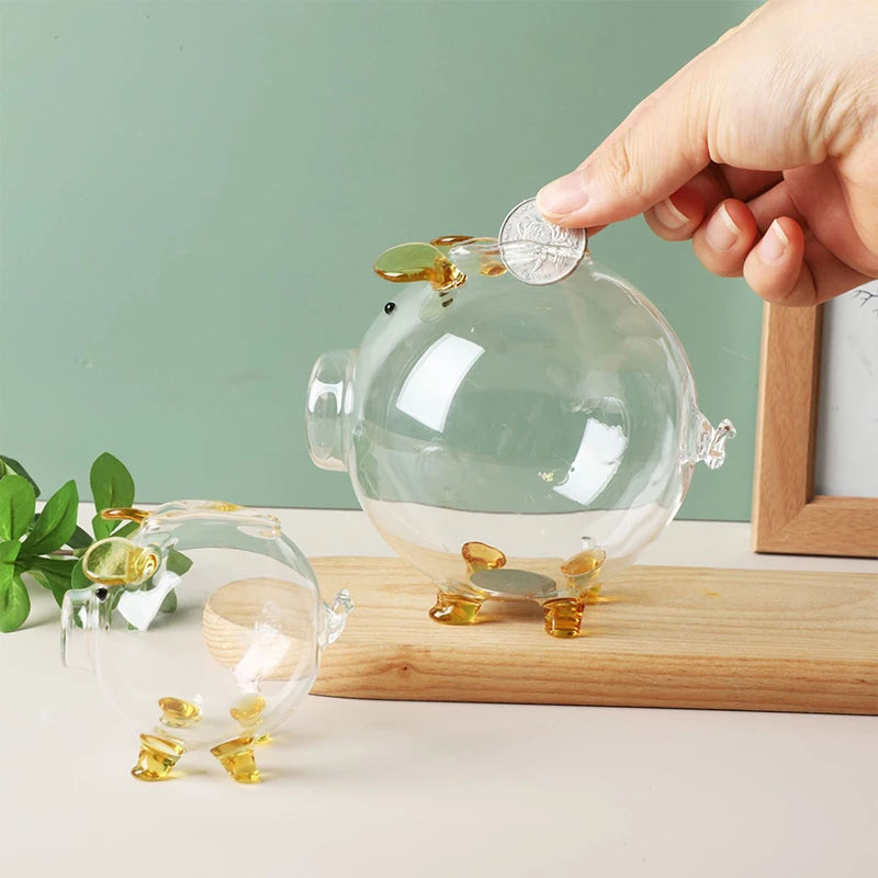Gold Glass Pig Ornaments Portable Coin Bank Saving Box Mini Money Jar Qme
