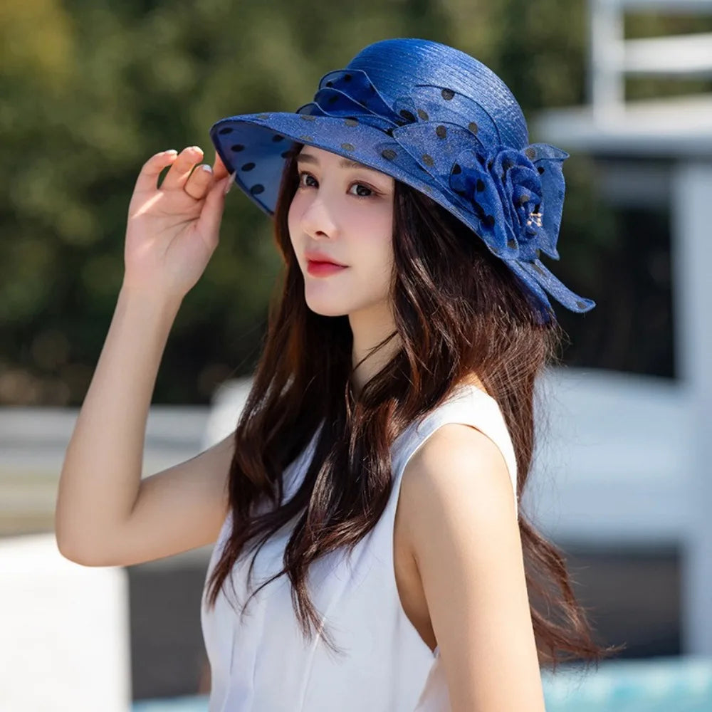 Floral Organza Sun Hat Elegant Wide Brim Bucket Hat UPF 50+ Breathable Flower Vacation Style Beach Sun Hat Qme