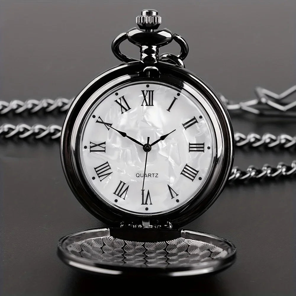 Smooth Steel Quartz Pocket Watch, Vintage Roman Number Dial Watch Qme