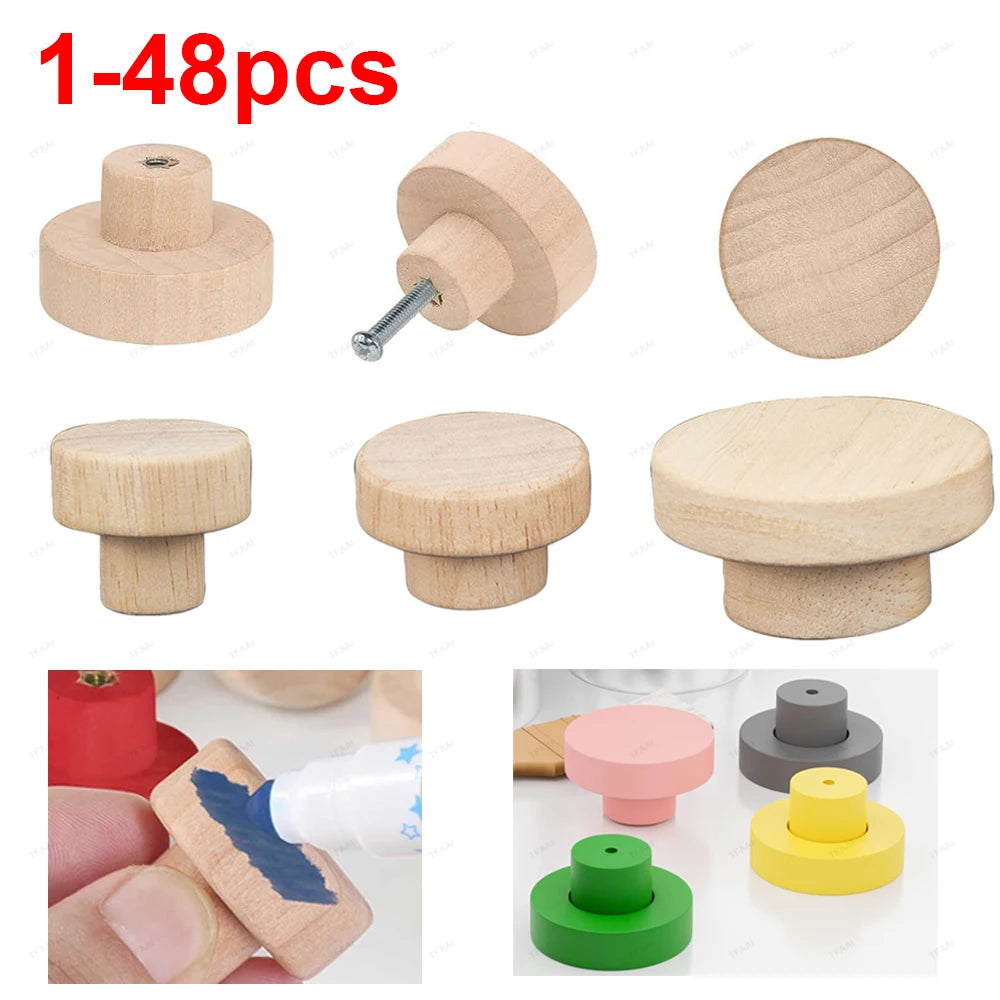 1-48pcs Wooden Handles Round Natural Solid Cabinet Drawer Knobs DIY Color Square Wood Wardrobe Cupboard Door Pulls Qme