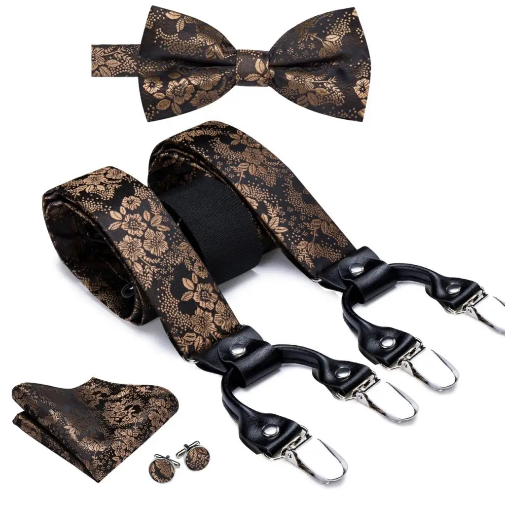 Hi-tie Jacquard Woven Silk Gold Mens Suspender Braces Bow Tie Hanky