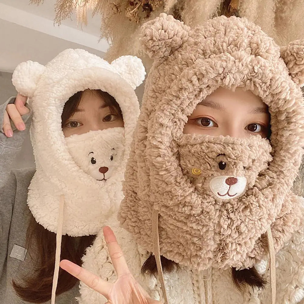 Winter Bear Plush Hat Scarf Mask One-Piece Warm Women's Cozy All-Match Cold Resistance Student Overhead Cap Fashion Accessory Qme