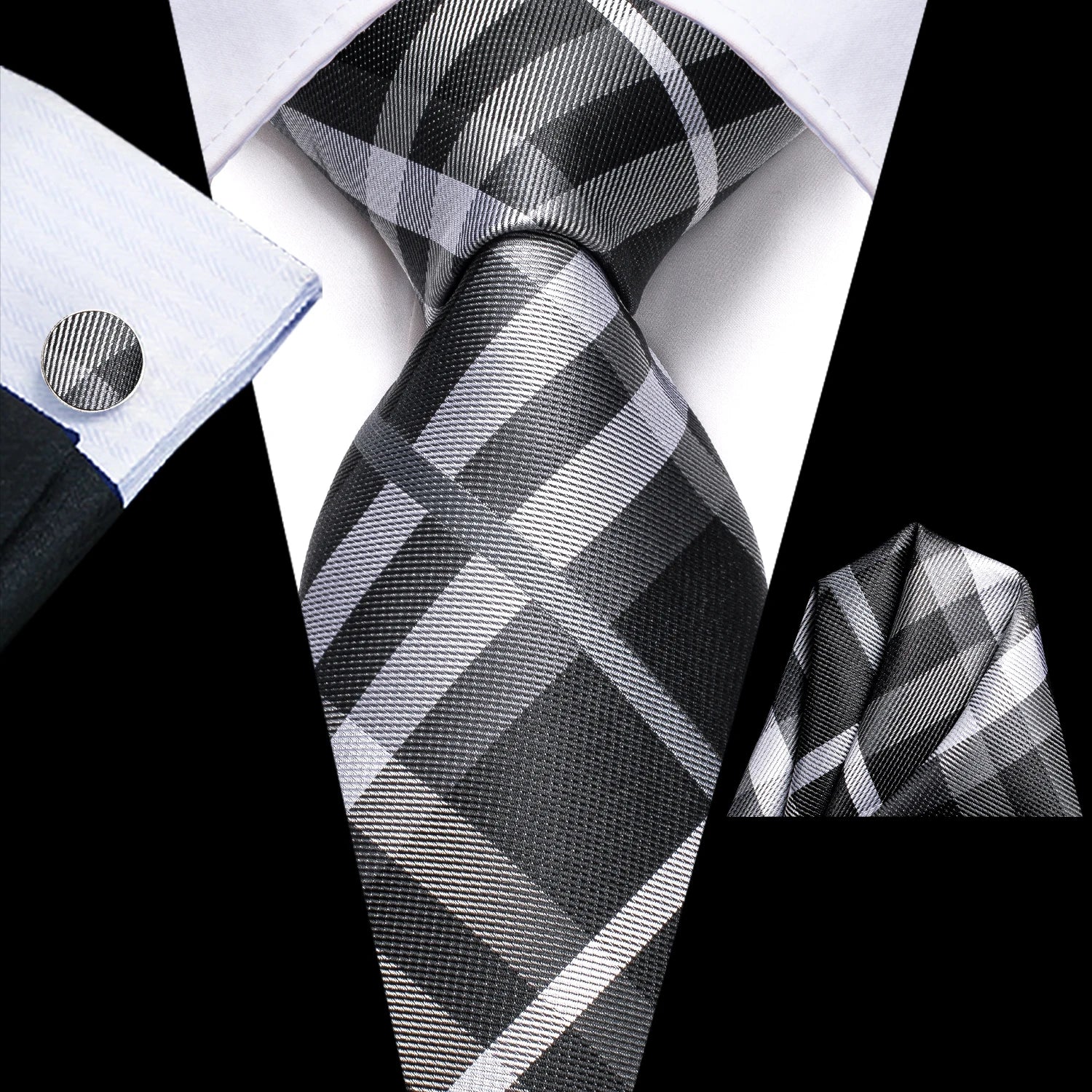 Hi-tie Extra Long Black Dots Men's Elegant Tie Handkerchief Cufflinks Qme 4033-3456
