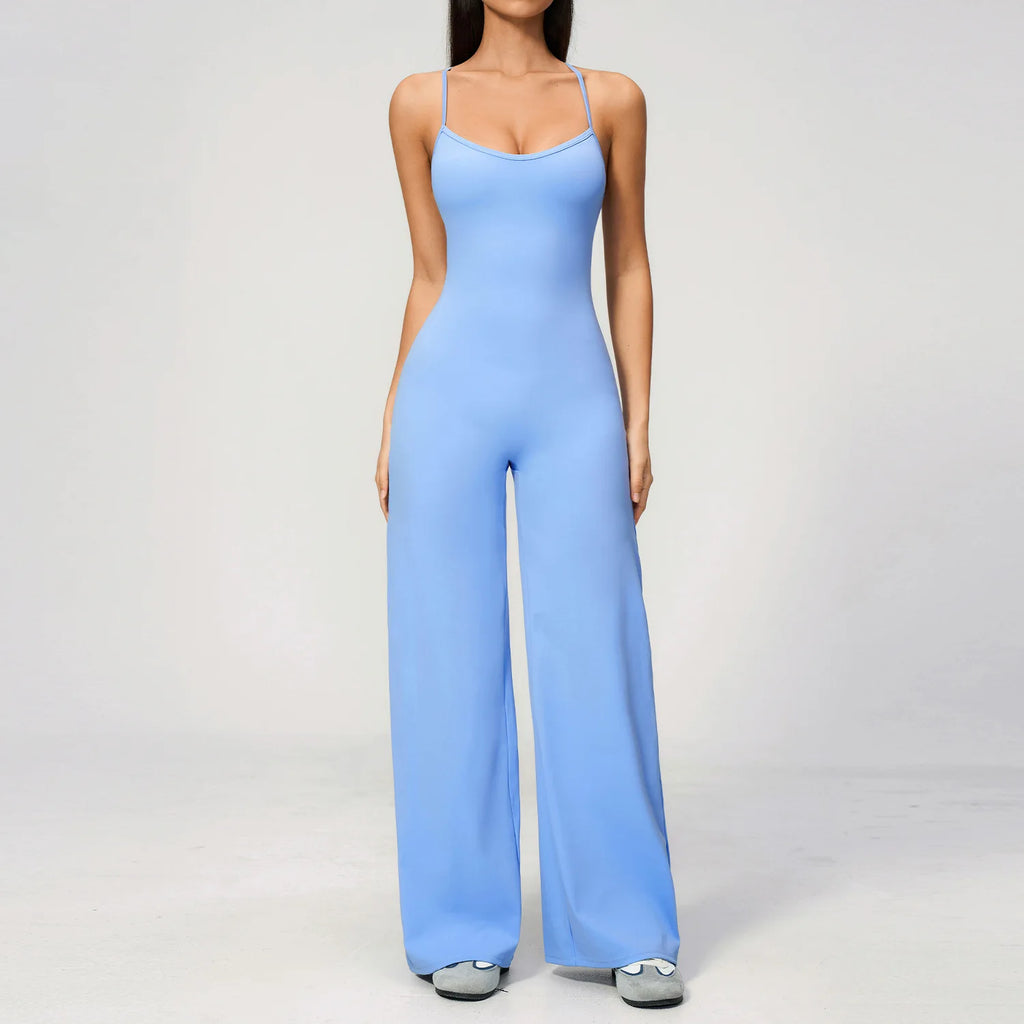 B New Summer Women Sleeveless Yoga Jumpsuit Female Gym Wide-Leg Pants Neck-hanging Backless Sportswear Sport Outfit For Woman Qme clear blue S