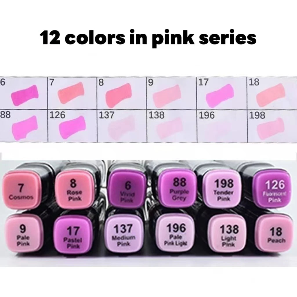 12 Pcs Oily Marker Pen Set Art Alcohol Based Markers Dual Tips Sketching Drawing Graffiti Manga School Art Supplies Qme Pink Series