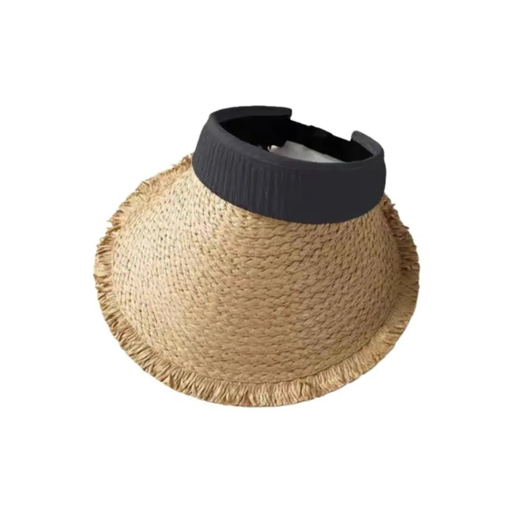 Fashion Woven Straw Visor Cap Sunscreen Hollow Empty Hat Big Head Qme Grey