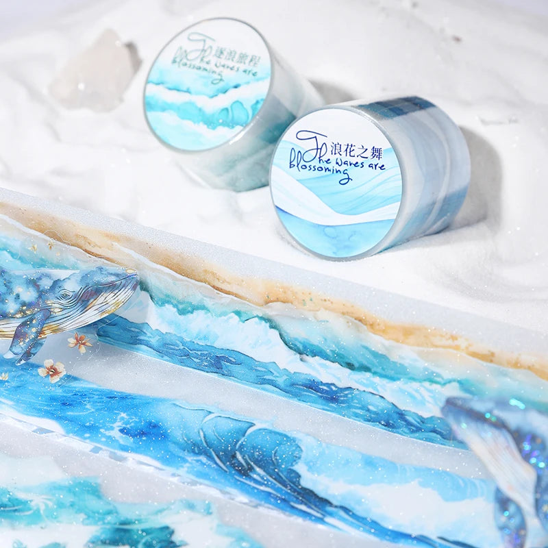 40mm*2m Ocean Wave Theme PET Tape INS Masking Adhesive Creative Decor Scrapbook supplies DIY Planner office stationery Stickers Qme