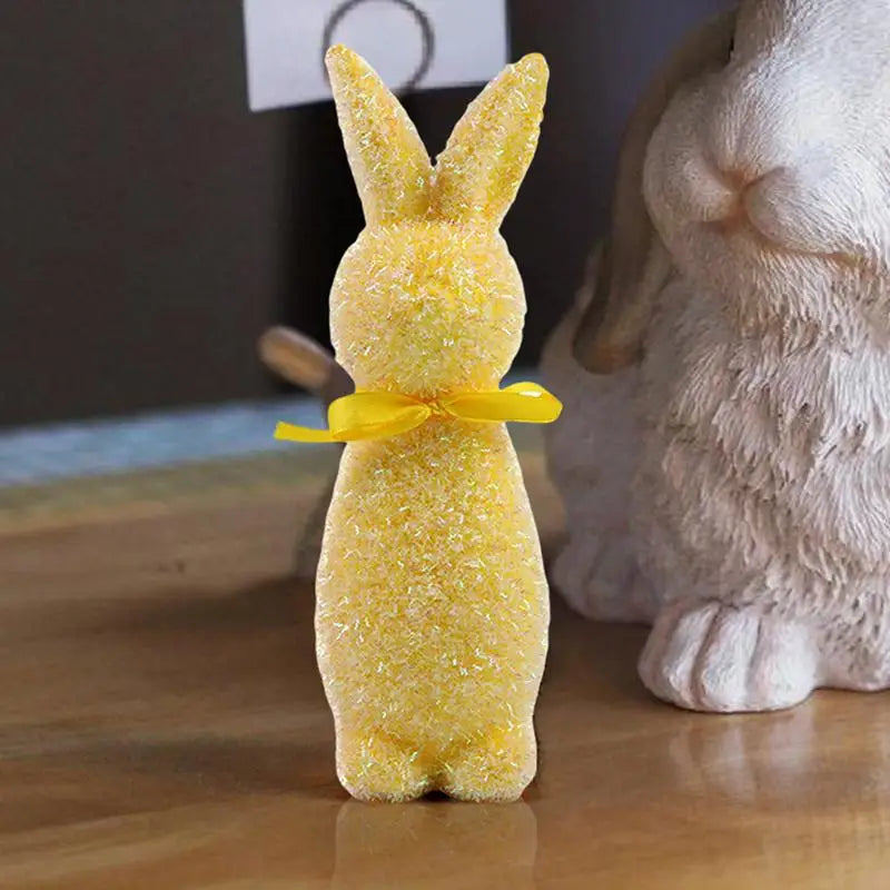 Easter Bunny Flocked Small Decorative Standing Rabbit Statues Bow Tie Qme