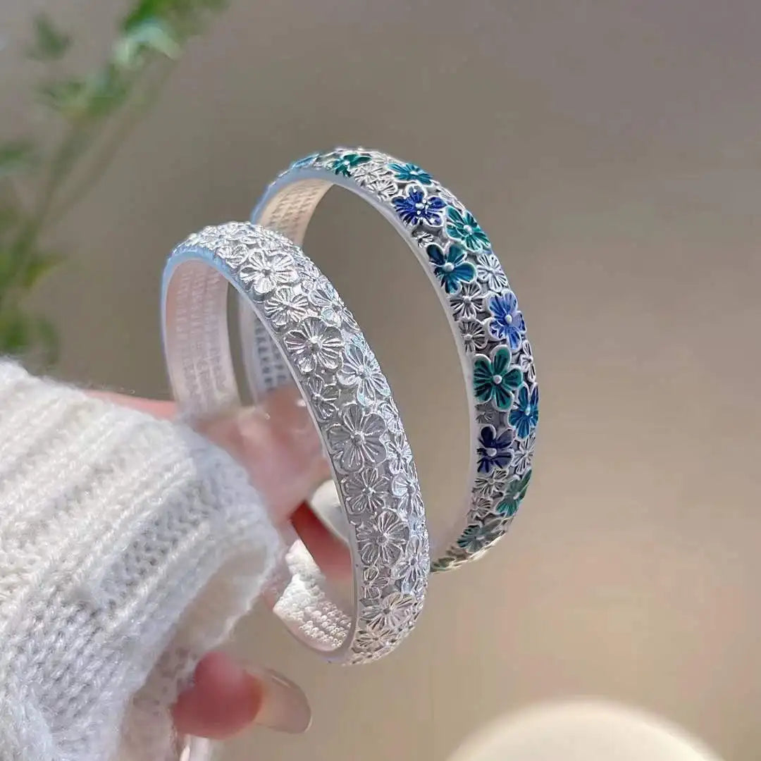 Blooming Flowers Like Brocade Enamel Plum Blossom Open Bangle Bracelet New Chinese Retro Enamel High Grade Solid Bracelet Qme