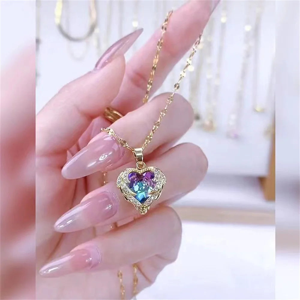 Light Luxury Blue Purple Sparkling Crystal Ocean Heart Necklace for Women Colorfast Collarbone Chain Jewelry Qme