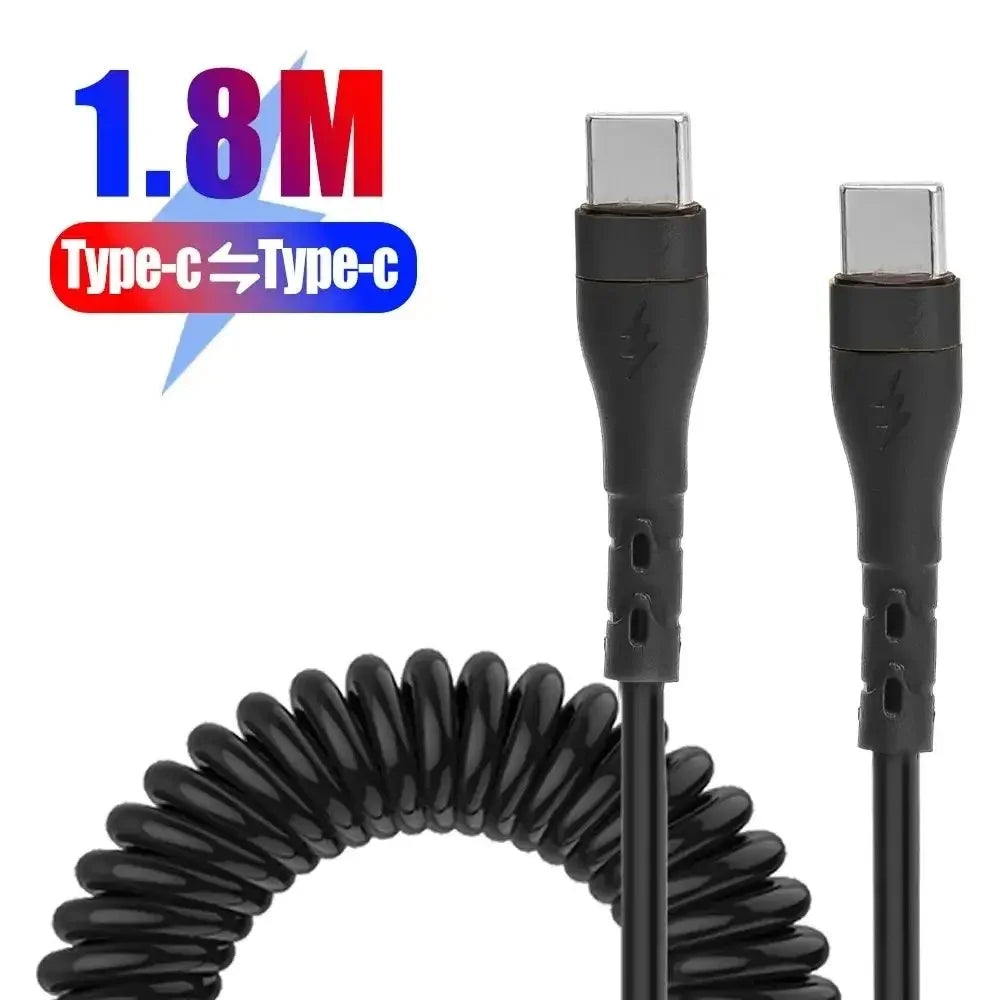 120W USB-C to Type C Fast Charge Spring Cable Retractable Car Charger Data Cord for iPhone 17/16/15 Samsung Xiaomi Type-C Phone Qme Black 1.8m