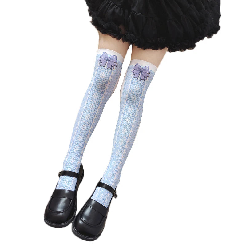 Cute Pink Princess Lolita Over Knee Stockings Love Bow Printed Girl Qme style6 One Size