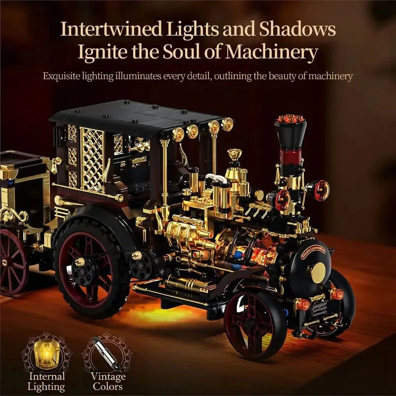 Diy Vintage Mechanical Steam Car Building Blocks Model City Retro Steam Punk Vehicle Desktop Decoration Bricks Toys Adults Gifts Qme