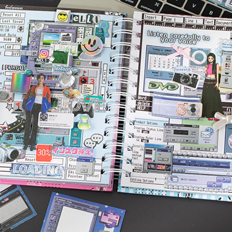 Y2K Millennium Retro Digital Window Sticky Note Sticker Book, Nostalgic Collage Materials for Journals, Gifts for Birthdays Qme
