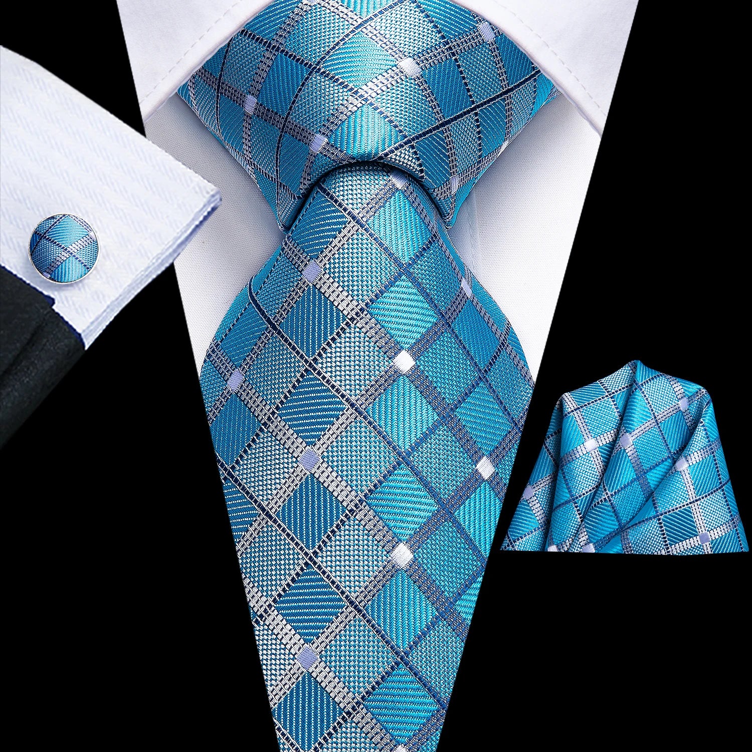 Hi-tie Fashion Blue Plaid Dots Men's Elegant Tie Handkerchief