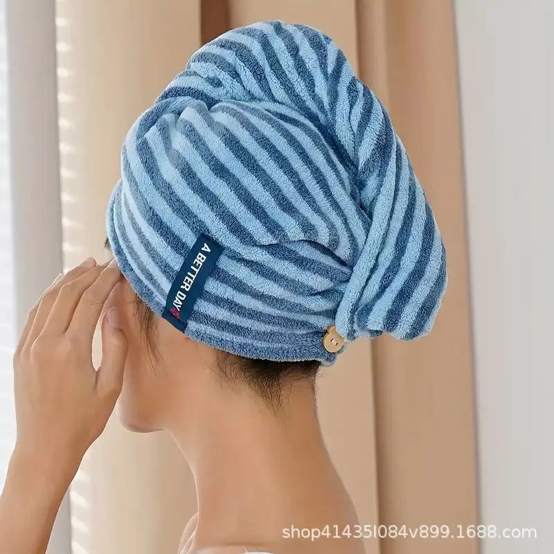 Striped Microfiber Hair Drying Cap Thick Coral Fleece Quick Dry Qme blue