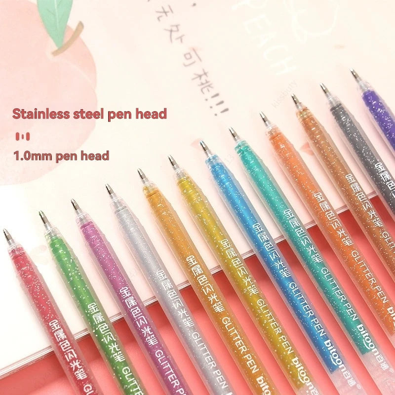 Metallic Glitter Gel Pens - Pens For Scrapbook, Journals or Drawing DIY Projects - Colored Metallic 1.0mm Ink - 12 Pack Qme