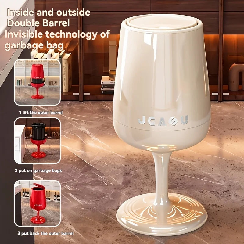 Wine Glass Shaped Trash Can with Lid Waste Basket Trash Bin Round Tall Garbage with High Leg for Home Office Bedroom Kitchen Qme
