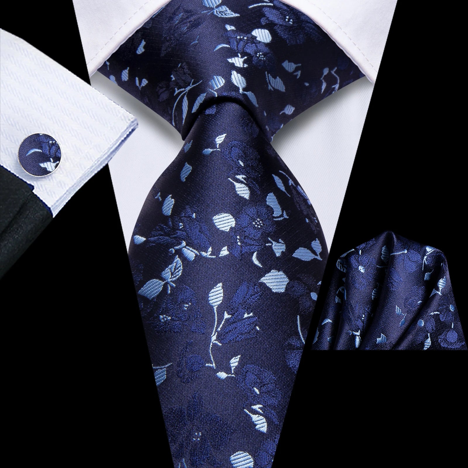 Hi-Tie Black Blue Orange Floral Mens Fashion Necktie Handkerchief Cufflinks for Tuxedo Classic Tie Man Gift Valentine's Day Qme HT-N-0159
