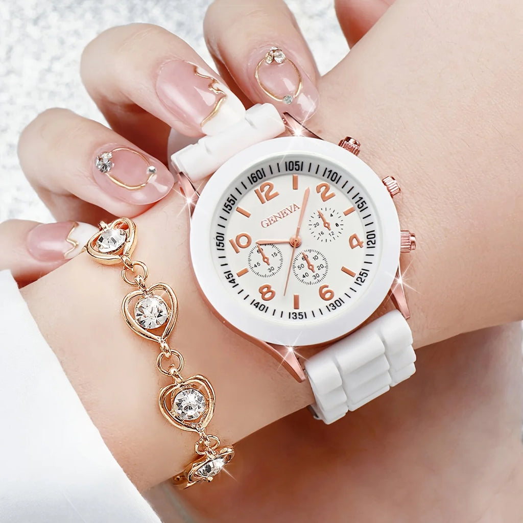 6 Pçs/set Relógio Feminino Casual Banda de Silicone Analógico Relógio de Quartzo Strass Coração Conjunto de Jóias (Sem Caixa) Qme