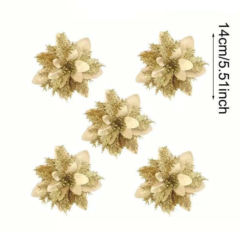 10pcs Glitter Christmas Artificial Flowers Christmas Tree Hanging Ornaments Fake Flower for Home 2025 Xmas New Year Navidad Gift Qme Gold 5pcs