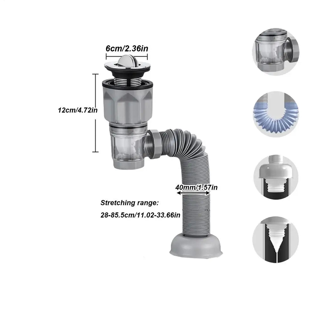 Telescoping Drain Pipe Drain Hose Anti-Odor Bathroom Sink Drain Outlet Seamless Connection Adjustable Wash Basin Sink Drain Hose Qme gray